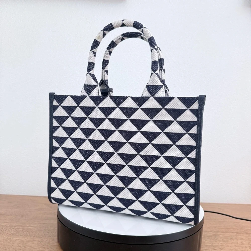 Prada Milano 1BA354 Symbole Jacquard Tote Blue White Triangle Pattern Bag Italy